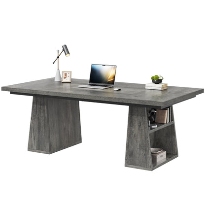 YITAHOME 63" Executive Desk, Large Office Desk Computer Desk with Double Pedestal and Storage Shelves, Wood Simple Workstations Writing Table Conference Table Business Furniture for Home Office, Grey