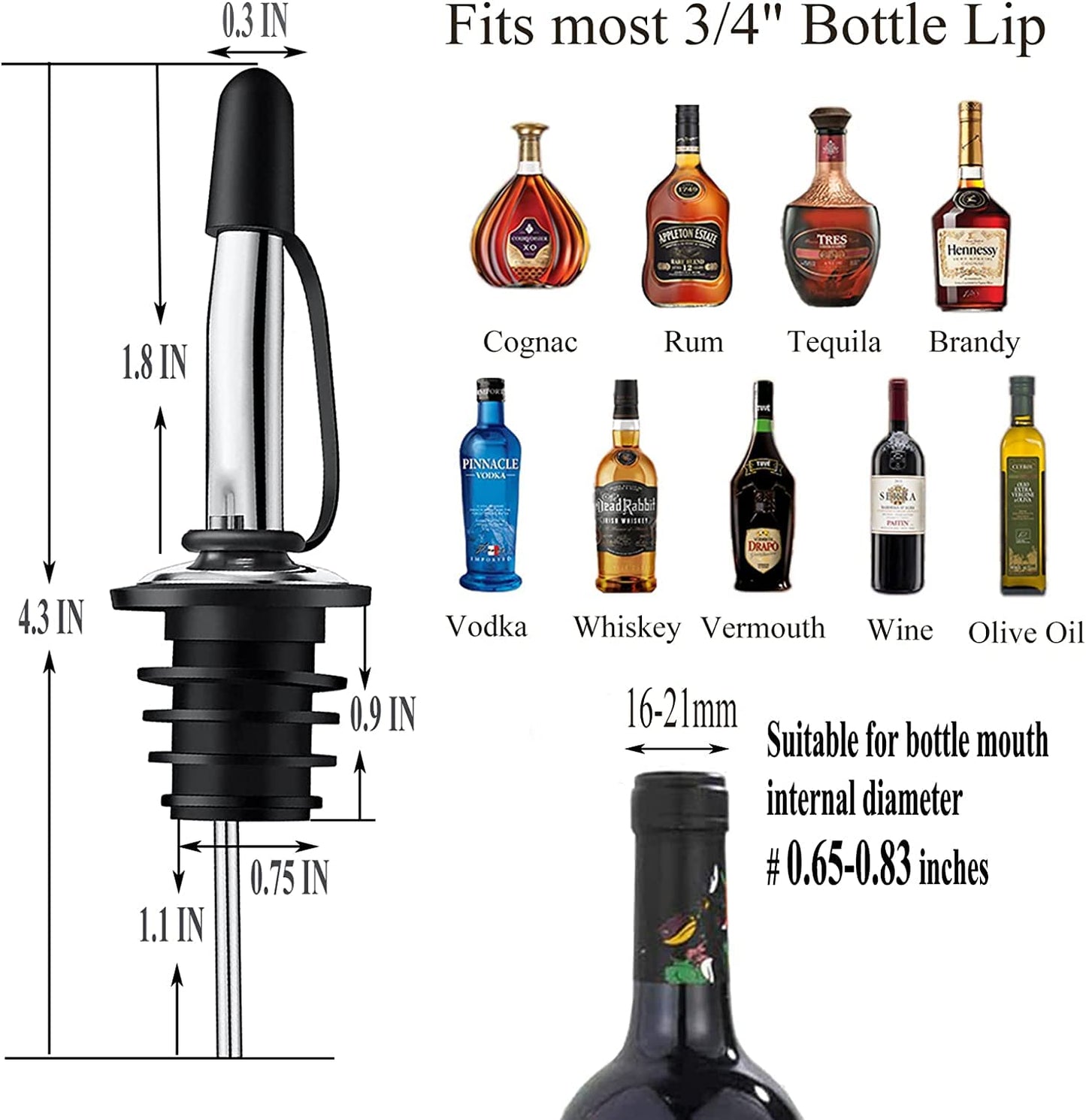Pafusen 6 Pack Liquor Bottle Pourers, Liquor Pour Spout for Liquor Bottles, Stainless Steel Olive oil Dispenser Spout, Alcohol Pourer Spouts Dust Caps Covers Fixed, Sliver