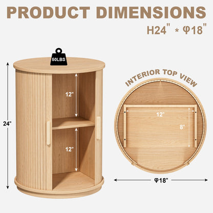 INNOD Side Table with Storage for Living Room, Round End Table with Sliding Tambour Door, Wood Night Stand Nightstand Bedside Table for Bedroom, Small Round Side Table, Mid Century Modern, Light Oak
