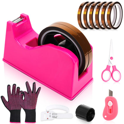 libfrnt 12 Pcs Heat Tape Dispenser Set, Sublimation Tape Dispenser Heat Resistant Gloves with Silicone Bumps 6 Pcs Heat Tape for Sublimation Mini Cutter Measuring Ruler Scissor for Office Home, Pink