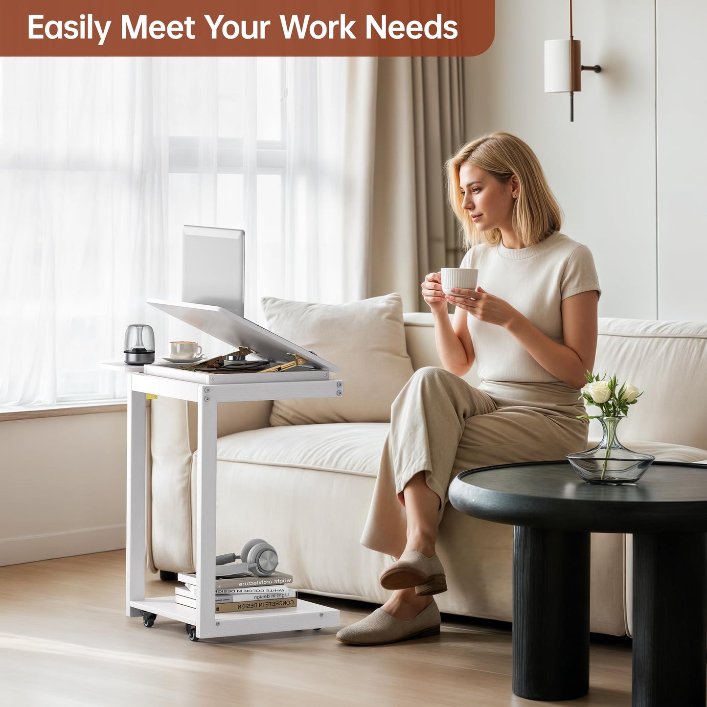 OtterOasis C Shaped End Table, Rolling Side Table with 4-Way Convertible Desktop, Wooden C Table with Multi-Functional Folding Tray & Small Chair, Side Table for Couch, Living Room, Bedroom, White