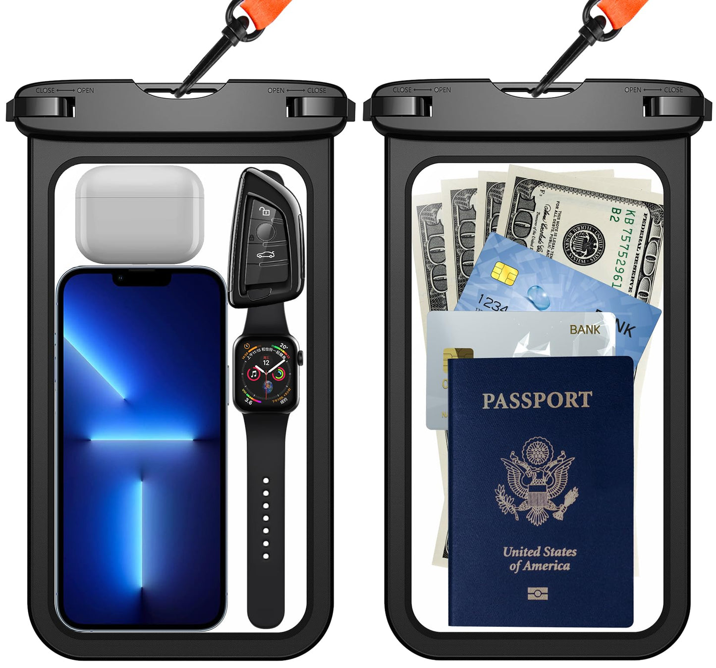 Temdan 2 Pcs Waterproof Phone Pouch, [Up to 10" Large] Universal IPX8 Waterproof Cell Phone Case Dry Bag with Lanyard for iPhone 16 Pro Max/16E/15/14/13,Galaxy S25 Ultra/S24/S23 for Vacation -Black
