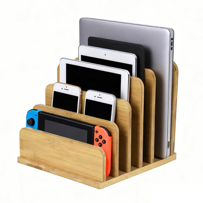 Device Organizer Holder, 5 Slots Bamboo Stand for Organizing Electronic Devices, Organize Tablets, Smartphones, Laptops, and Game Consoles, Slot Width are Adjustable, Also Organize Mails and Files