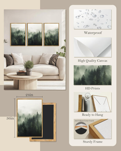 SHENIFY Green Fog Pine Tree Forest Canvas Wall Art Large 24x36in Framed Nature Modern Artwork Prints Decor - Natural Framed