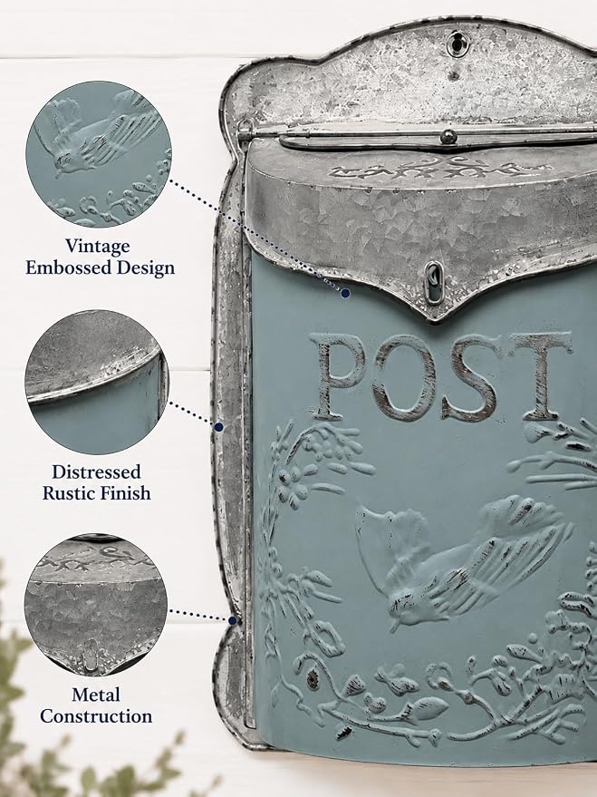 I Vintage Style Post Box I Nostalgic Charm Home Decor I Farmhouse Design I 15.9" Height x 11" Wide (Blue)