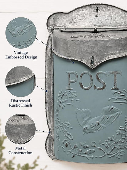 I Vintage Style Post Box I Nostalgic Charm Home Decor I Farmhouse Design I 15.9" Height x 11" Wide (Blue)