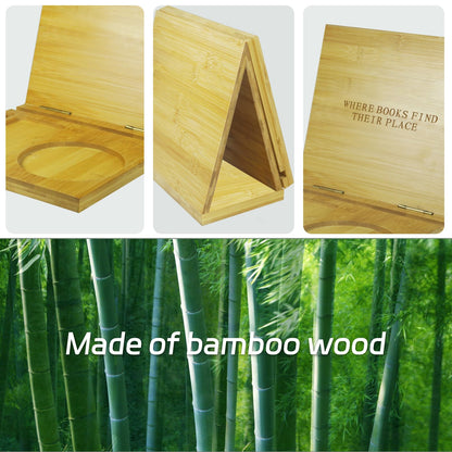ZenRich Bamboo Wooden Book Stand Holder - Unique Book Nook Reading Valet with Cup, Glasses & Pen/Tablet/Kindle Holder. Foldable Bookmark - Ideal for Lovers