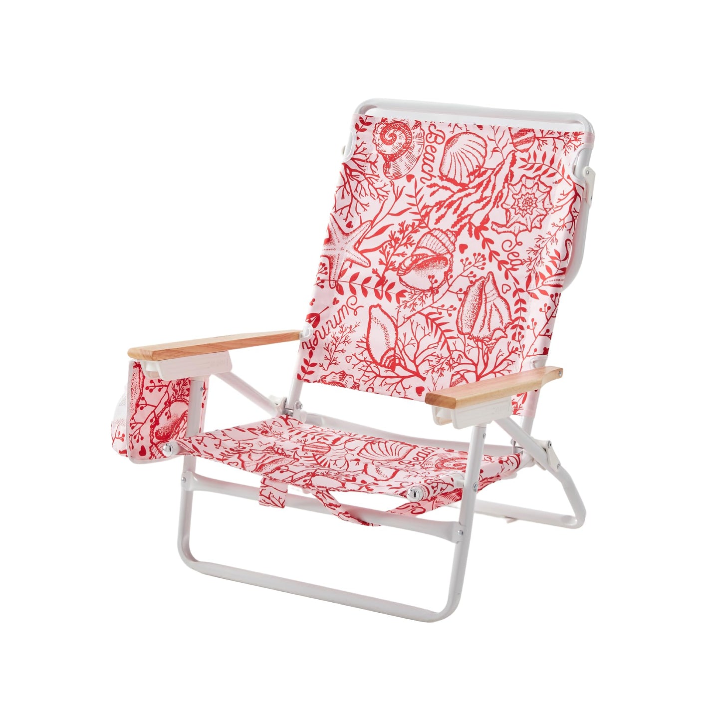 DEER LAND 5-Position Low Beach Chair, Portable Lightweight Folding Beach Chair with Wooden Armrests, Storage Pouch & Carry Strap, Coastal Beach Print – Reef Crimson
