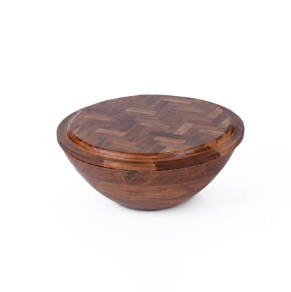 QIQAA Acacia Wood Fruit Bowl for Kitchen Counter | Wooden Salad Bowl For Food | Herringbone Inlay Lid Salad Tongs cheese knives | No Leaks | Designed in USA Handmade In India 12x12x4.75 (Light)