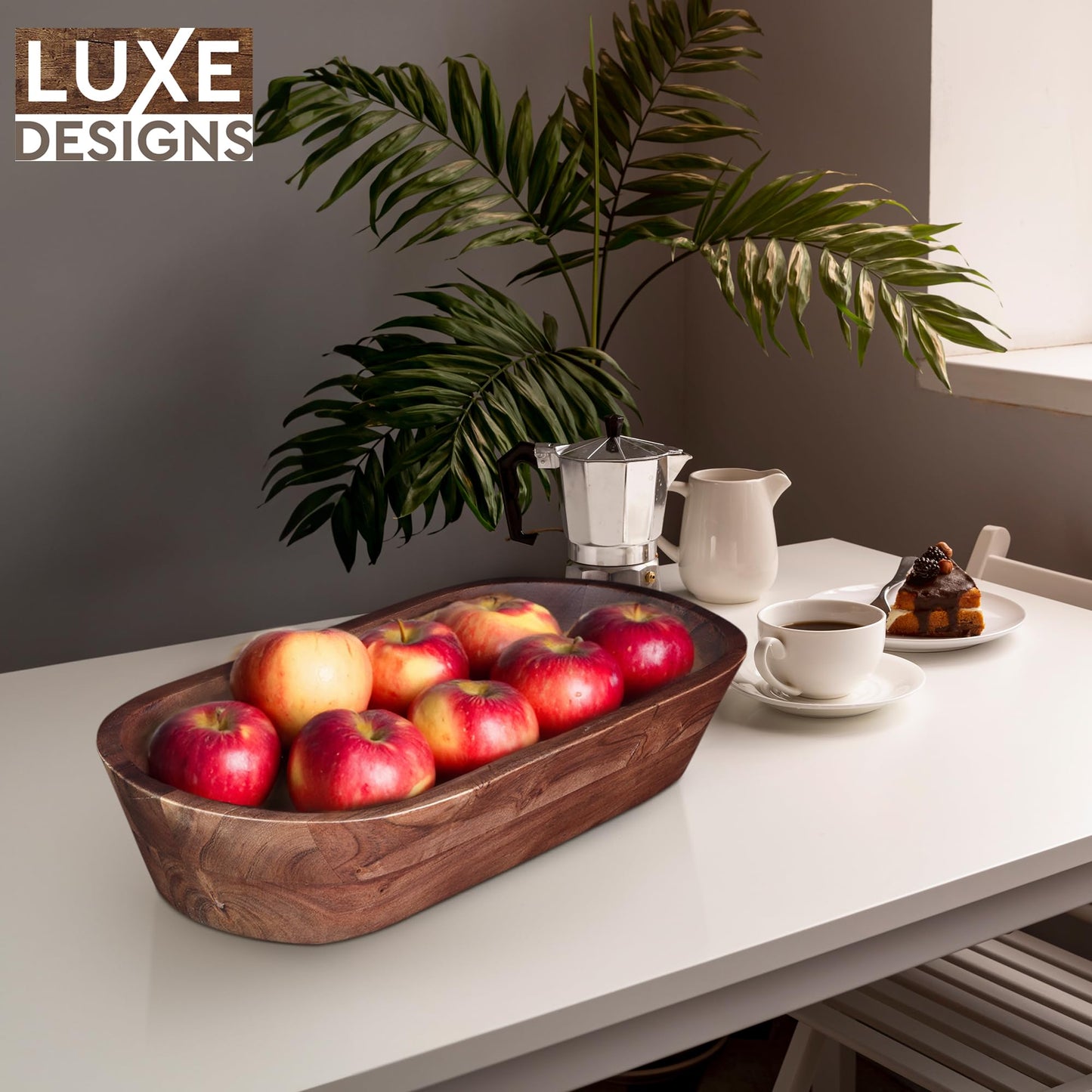 Luxe Designs Wooden Dough Bowl - Dark Burnt Acacia Wood - Handmade Decorative Bowls for Home Decor, Bathroom, Kitchen Counter, & More - Rustic Large Wood Dough Bowl for Decor, Cosmetics, and Keys