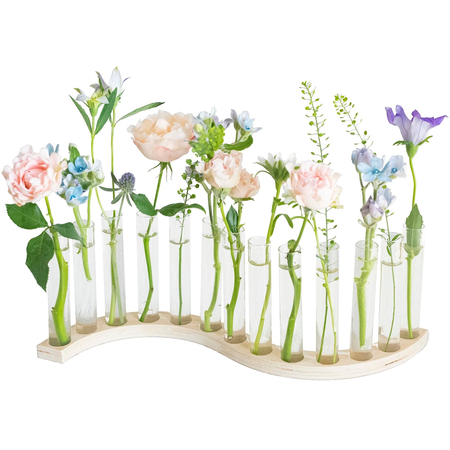 Test Tube Vases for Flowers，Small Plant Propagation Station，S Shape Plant Terrarium with Wooden Stand(Light Wood)