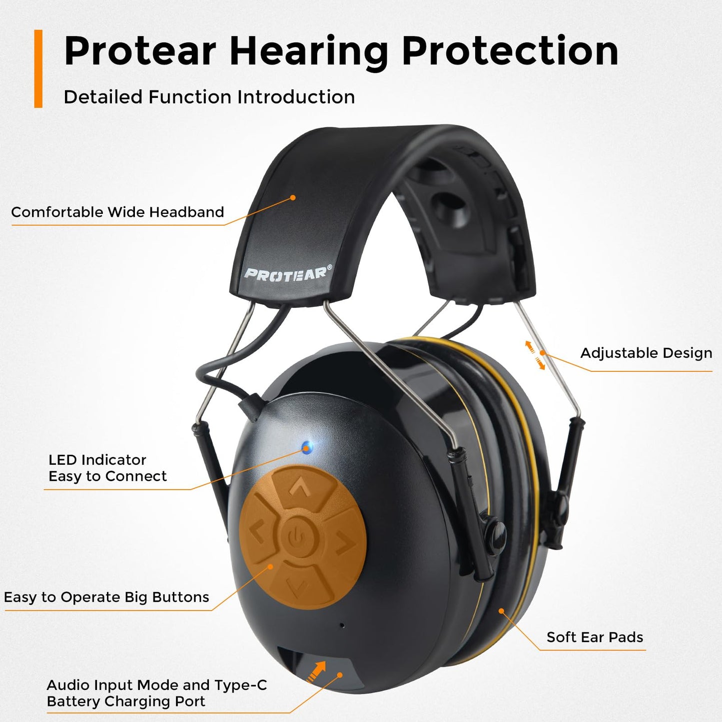 Hearing Protection with Bluetooth,Wireless Noise Canceling Headphone 30dB SNR,NO Radio Function,Rechargeable Battery Earmuffs,Long Playtime,Ideal for Lawn Mowing,Woodworking,Concerts(Black)
