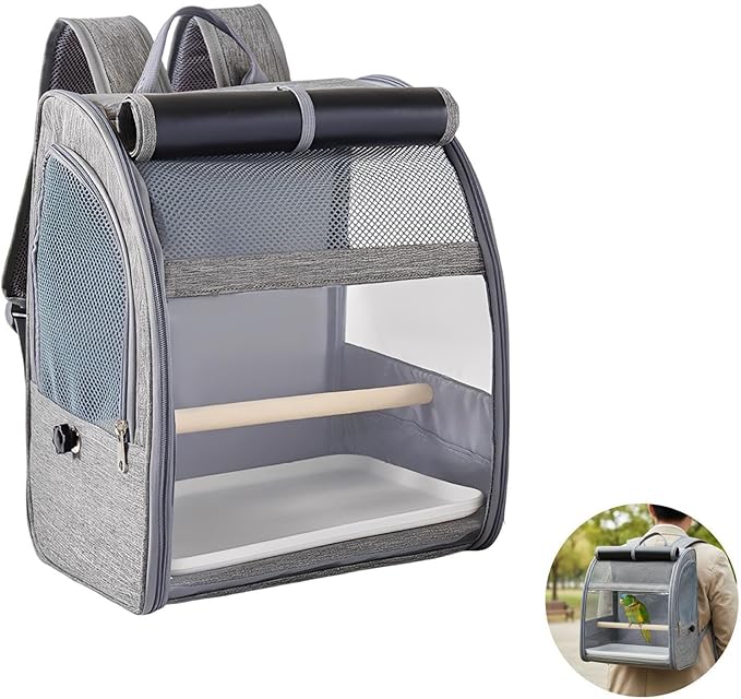 Breathable Bird Backpack Carrier, Gray Pet Travel Cage with Mesh Window, Portable Parrot Backpack for Cockatiel, Pigeons, Includes Removable Perch & Tray, 12.2 X 9.6 X 15 in