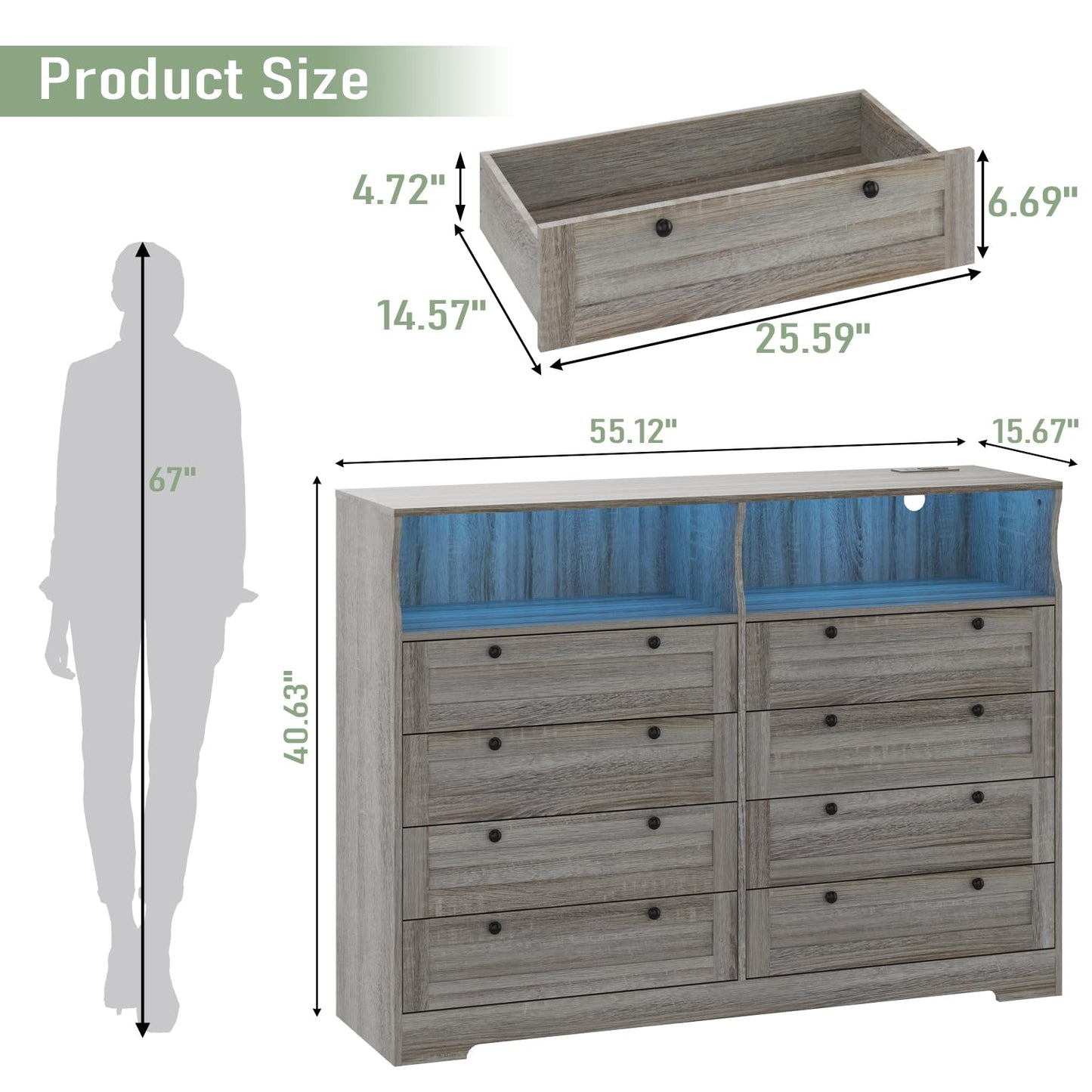 GAOMON 8 Drawer Wooden Dressers for Bedroom with Power Outlet and LED Lights, Grey Wood Chest of Drawers with Deep Drawer, Modern Wide TV Stand Dresser for 55" TV for Bedroom, Living Room, Hallway