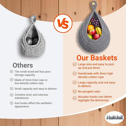 Hanging Fruit Baskets for Kitchen, 3 Pack Boho Cotton Rope Handwoven Vegetable