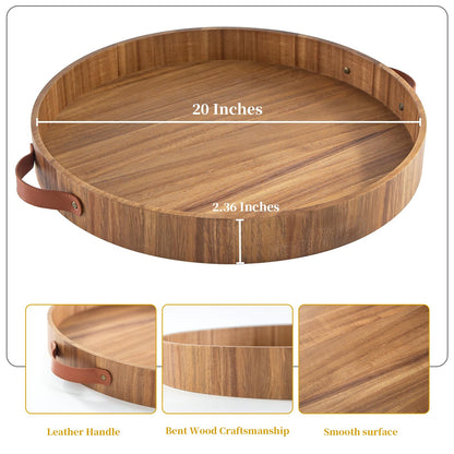 Ottoman Tray with Handles, 20 Inches Round Large Tray for Ottoman Wooden Serving Tray Decorative Trays for Living Room Wooden Trays for Party, Dinner, Breakfast, Appetizers, Entertaining Guests