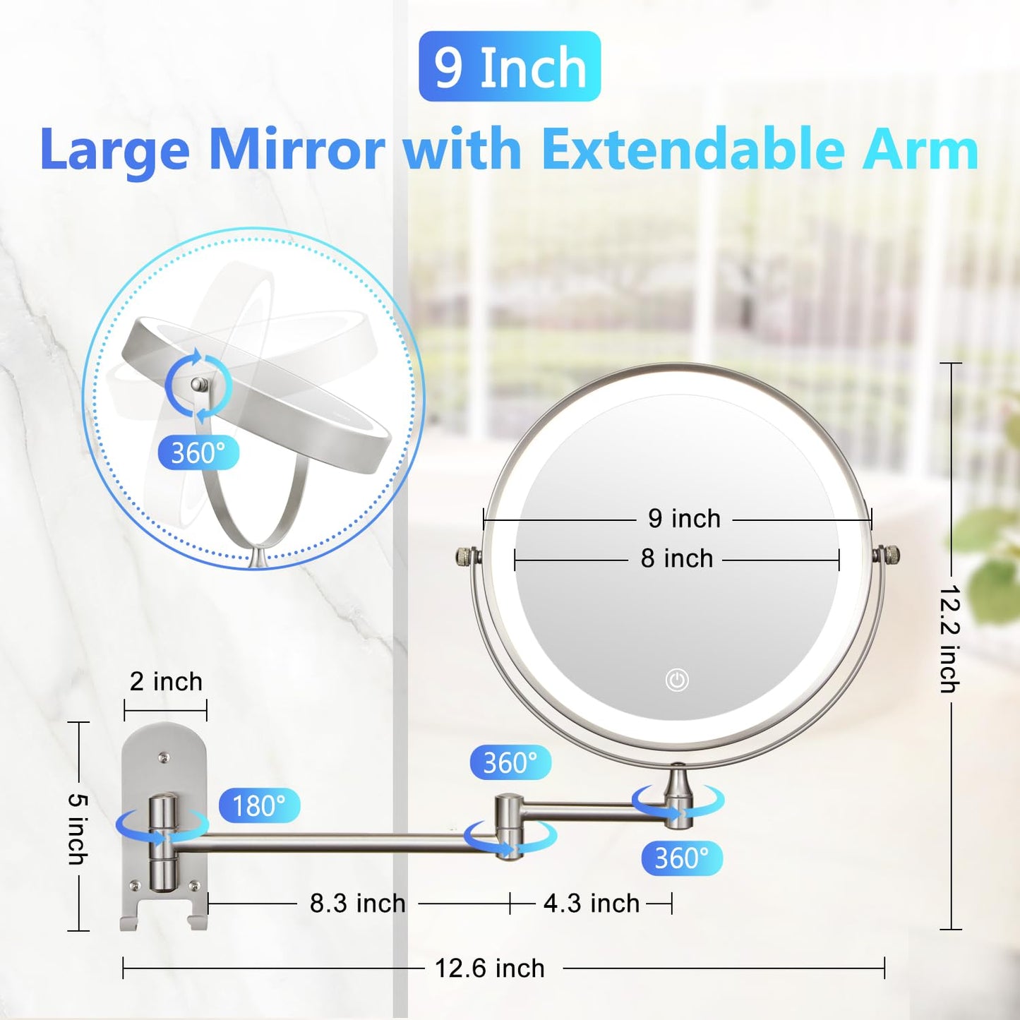 ALHAKIN 9" Wall Mounted Lighted Makeup Mirror, Large Rechargeable 1X/10X Magnifying Mirror with 3 Color Lights Dimmable, 360° Rotation, Nickel