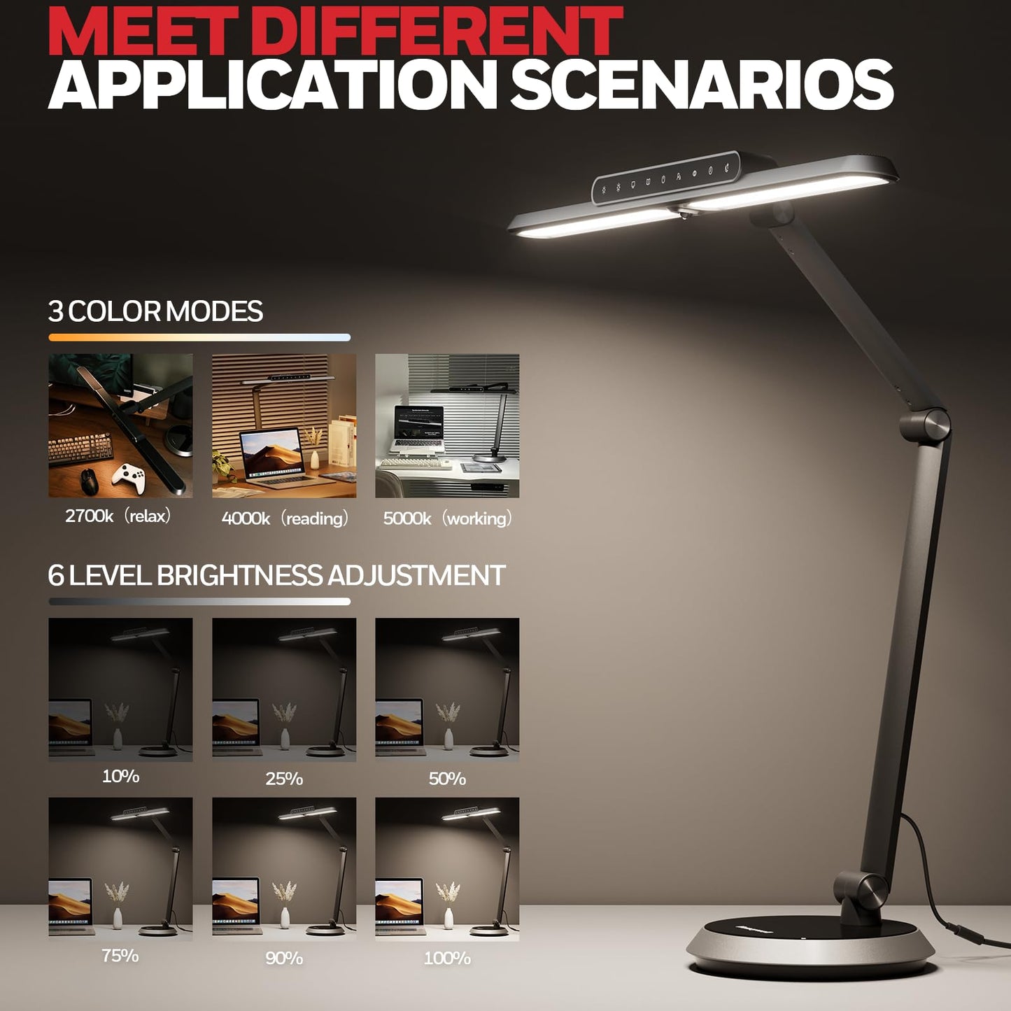 Honeywell Desk Lamp for Home Office, H9 Sunturalux™ Eye-Caring LED Desk Light, 1000LM Dimmable Desk Lamp with Timer and Auto-Sensing, Adjustable Desk Reading Light or Study, Cumputer, Architect