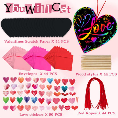 JMUQ 44Pack Valentine's Day Scratch Art Set, Heart-Shaped Rainbow Scratch Cards, Envelopes, Heart Stickers, Perfect Craft Kit for Classroom School Exchange Prizes Party Favors Creative Gifts