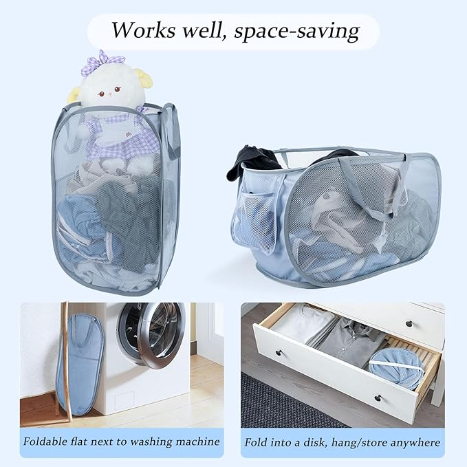 Extra Large Mesh Pop Up Laundry Hamper 2 Pack, 100L Foldable Laundry Baskets