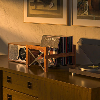 X-cosrack Vinyl Record Holder – 1 Pack Only – Fits 7"–12" Albums, Holds 50–100 Records, DVDs, or CDs – Modern Wooden Storage Stand, File Organizer Rack, Brown