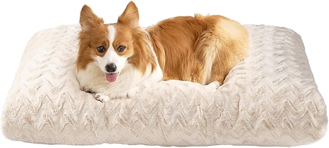 EHEYCIGA Washable Large Dog Bed for Crate 35x23 Inch, Kennel Pad for Dogs Up to 45 lbs, Plush and Comfy Pet Sleeping Mat, Beige