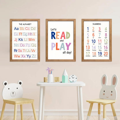 Cute Alphabet Numbers Framed Wall Art Set of 3, Boho Educational ABC Poster Wooden Sign for Baby Girl Kid Boy Toddlers, Neutral Preschool English Letters Nursery Decor for Homeschool Playroom Daycare