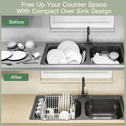 MAJALiS White Dish Drying Rack Over The Sink with Utensil Holder, Mat | Expandable Stainless Steel Dish Drainer for Small Kitchen, Apartment, RV, Counter Space Saving, Perfect Fit, Rustproof