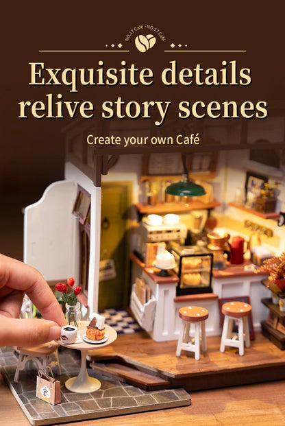 Rowood Coffee Miniature House Kit, Mother's Day DIY Miniature Dollhouse Kits for Adults to Build, Wooden Mini House Model Kits Adults Crafts with LED, Gift on Christmas Birthday for Family-NO.17 Cafe