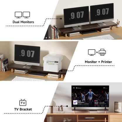 Dual Monitor Stand Riser, 39 Inch Extra Long Wooden Desktop Monitor Riser with Storage for 2 Monitors Ultra Strong Desk Shelf Organizer Riser Ergonomic for 2 Screens/Laptop/PC/TV/Printer (Dark Walnut, 39inches)