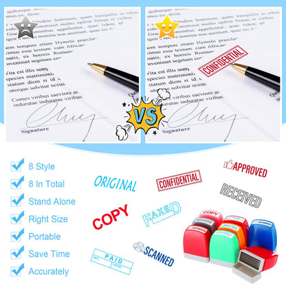 Crtiin 8 Pcs Office Stamp Set - Approved, Paid, Copy, Faxed, Scanned, Confidential, Received, Original - Self Inking Rubber Stamps Plastic, Rectangular for Business(Style 1,Mixed Colors)
