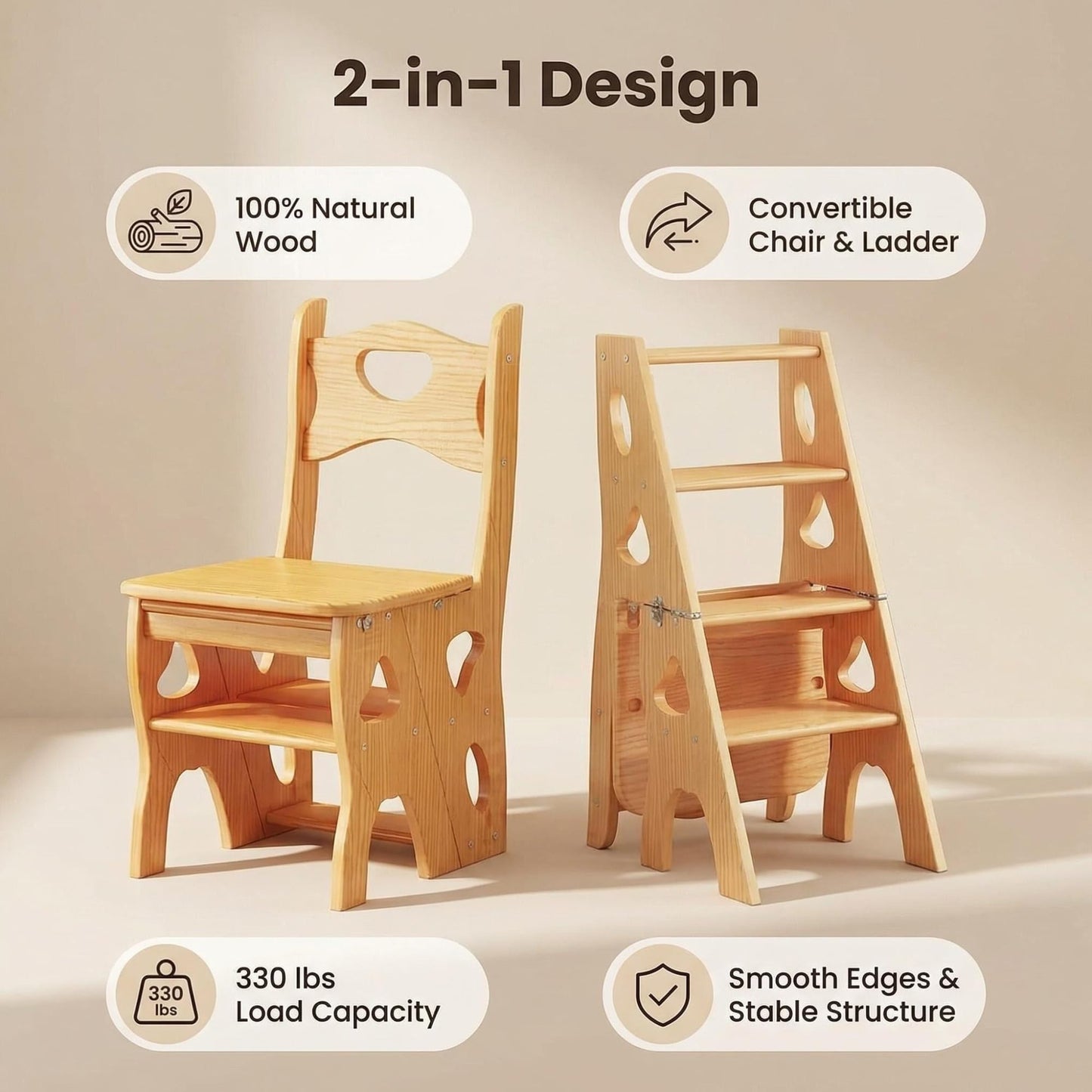 SOTAT Wooden Folding Library Ladder Chair,2 in 1 Lightweight Portable Multifunctional Step Stool, 4-Step Stool Dual Purpose Stepladders, Display Stand and Flower Stand for Home