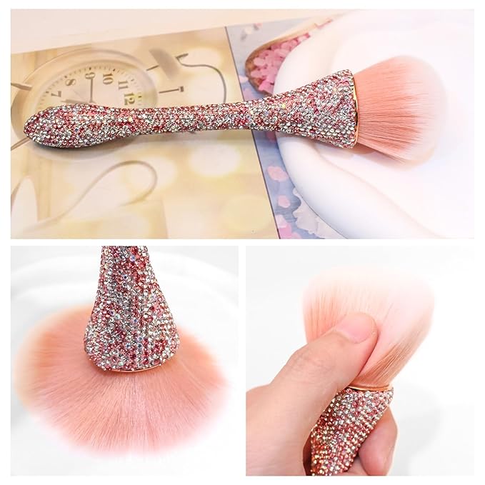 WOKOTO 1pcs Pink Shiny Rhinestone Nail Art Dust Brushes