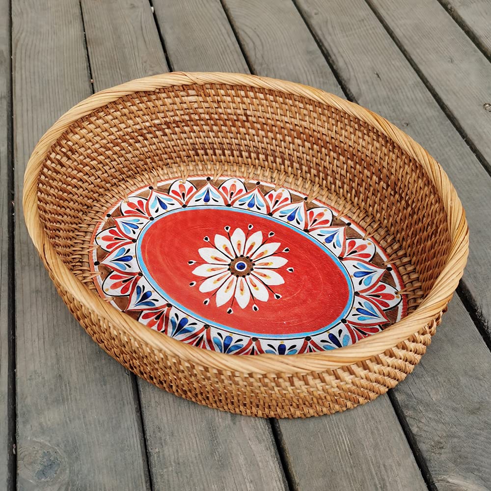 12 inch Oval Rattan Bread Basket, Deep Basket Tray with 4 Inch Wall and Painting Pattern Wooden Bottom, Decorative Wicker Basket Bowl for Coffee Table Décor, Kitchen, Bedroom, Brown, I-lan