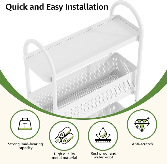 KINGRACK 4-Tier Slim Storage Cart with Pull Out Basket, Rolling Bathroom Organizer Utility, Metal Shelving Unit Slide Out, Lockable Wheels, Easy Assembly for Narrow Place, Kitchen, Laundry Room, White