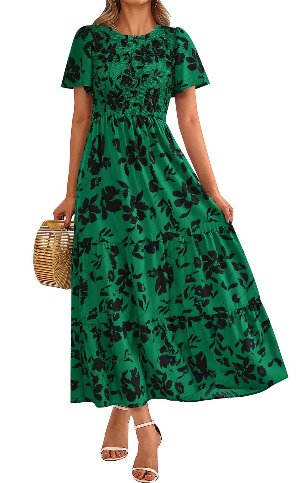 PRETTYGARDEN Women's 2025 Summer Casual Flutter Short Sleeve Boho Floral Maxi Dress Crew Neck Smocked Tiered Long Dresses