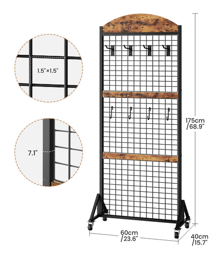 CHOEZON Grid Wall Panel 5.7’ x 2’ FT Grid Display Rack, Movable Gridwall Display Stand with Wheels,Floorstanding Wire Grid Rack with 4 S-Shaped Hooks and 4 Garment Hooks Rustic Brown and Black TCJ17BF