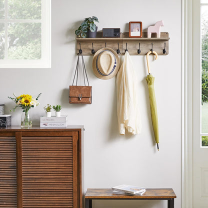 YMYNY Coat Rack Shelf Wall Mounted, Wooden Coat Hooks Set of 2, Entryway Coat Hanger with 8 Hooks,31.5''L Floating Shelves, Key Holder, for Bedroom, Bathroom, Living Room, Silver Gray UHWS006Y-2