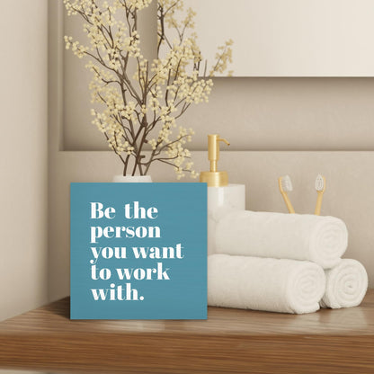 Luipk Be The Person You Want to Work With Inspirational Wood Box Sign Desk Decor 5X5, Teamwork Motivational Blue Green Wooden Block Sign Decorations for Home Office Workplace Wall Tabletop Shelf