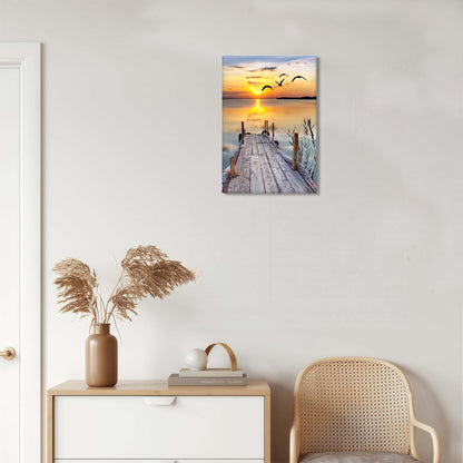 Sunset Wall Art Lakeside Pier Trail Canvas prints Sunset Nature Landscape Painting for Home Living Room Bedroom Office (12x16 inch) Framed