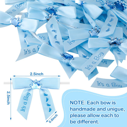 Wavwavw 100 Pcs Baby Shower Satin Ribbon Twist Tie Bows 2.5" Pre Tied Craft Bow Baby Foot Print Ribbon Bows for Baby Shower Birthday Party Treat Bags Gift Wrapping Basket Decor (Baby Blue)