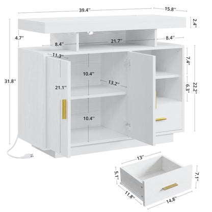 IRONCK Buffet Cabinet, Sideboard Cabinet with Power Outlet and LED Light, Modern Storage Cabinet with Drawer, Coffee Bar Cabinet with Doors and Shelves for Kitchen, White