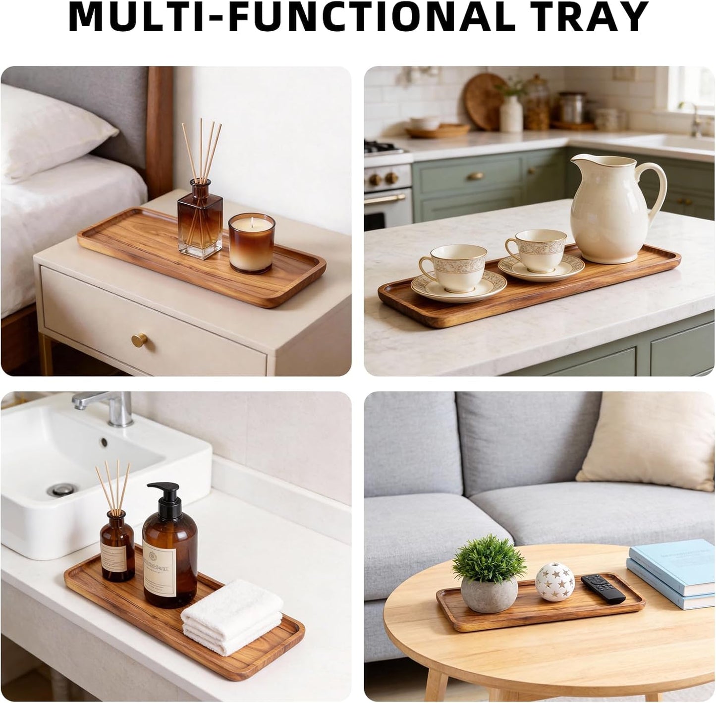 Handcrafted Acacia Wood Serving Tray 4 Pack– Multi-Functional Decorative & Candle Tray, Smooth Polished Surface with Raised Edges，Cheese Board for Food，Kitchen Organization,or Gift-11.4*4.1*0.59 in