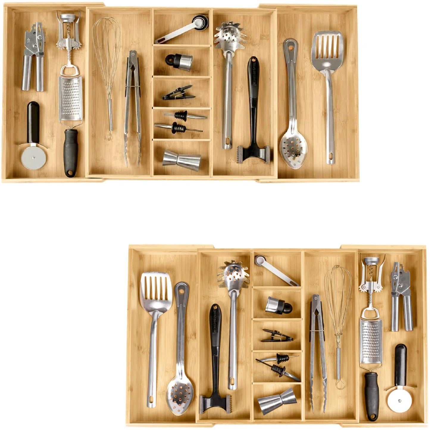 KitchenEdge Adjustable Kitchen Drawer Organizer - Expandable From 18.5 to 33 In and Adjustable Kitchen Drawer Organizer for Utensils and Junk - Expandable from 16 to 28 In Bundle