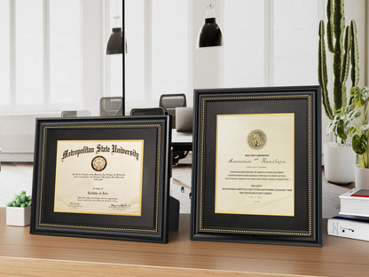 Yaetm 11x14 Diploma Frame, Certificate Frame with Tempered Glass, Display 8.5x11 Document with Black Over Gold Acid-free Mat, Degree Frames for Wall and Tabletop, Black with Gold Beads, 1 Pack
