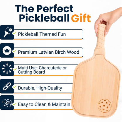 DinkCraft Pickleball Charcuterie & Cutting Board, Pickleball Gift, Partner Size - 17 x 8.5 x 0.75”, Birch Wood, Paddle Shape with Handle, Mineral Oil Finish