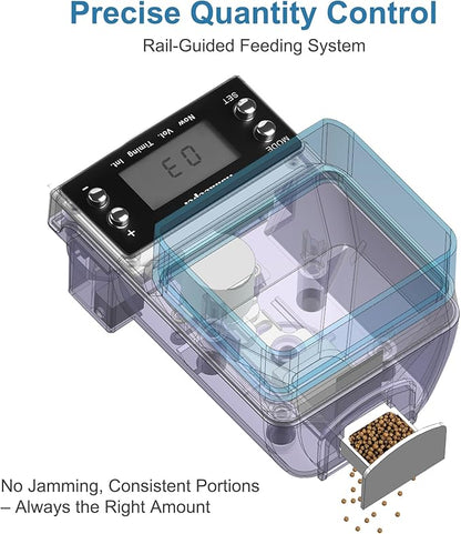 fishkeeper Automatic Fish Feeder Rechargeable, 3 Feeding Modes USB Aquarium Auto Dispenser for Pellets Flakes Powder, with Lithium Battery LCD Screen for Vacation Betta Turtle - Memory Function