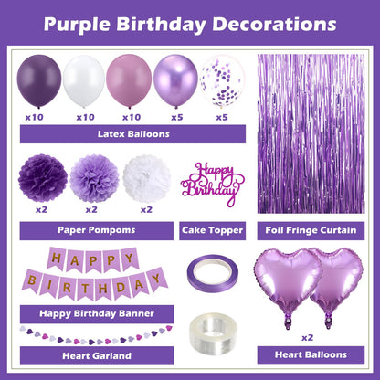 Purple Birthday Decorations for Women, Happy Birthday Party Decorations, Happy Birthday Banner, Purple Balloons, Foil Fringe Curtains, Tissue Paper Pompoms, Heart Garland, Party Decor for Girls