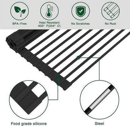 HANZENMA Roll Up Dish Drying Rack Over The Sink Kitchen Roll Up Sink Drying Rack Multipurpose Foldable Sink Drying Mat, Heat-Resistant, Anti-Slip & Anti-Rust Dish Rack for Kitchen, 20.5" x 13", Black