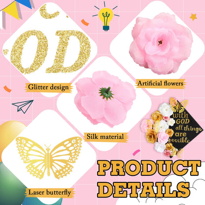 Knitgrip 31 Pcs DIY Graduation Cap Decorations Kit Faux Flower Heads 3D Butterfly Stickers Graduation Quotes Glitter Decals for Grad Hat Topper Graduations Party Supplies(Pink, White, Gold)